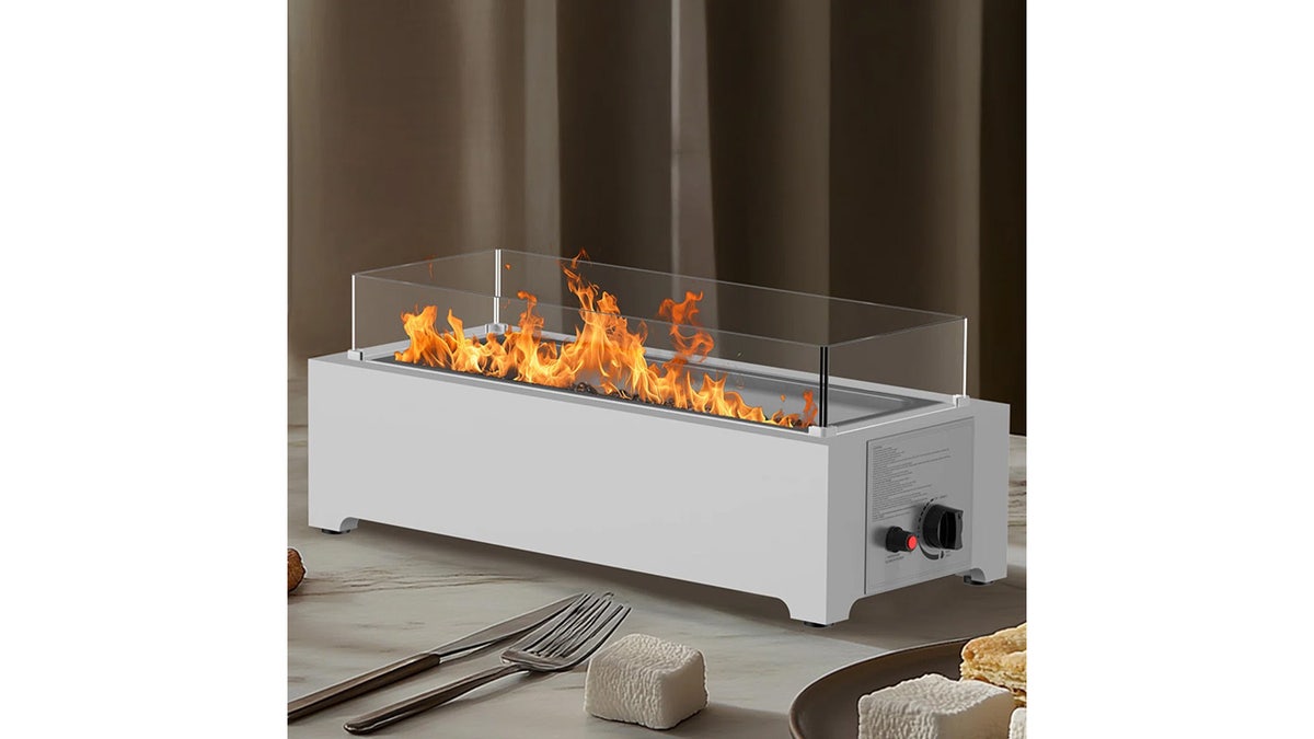 This long gas fireplace is easily lit using propane. 
