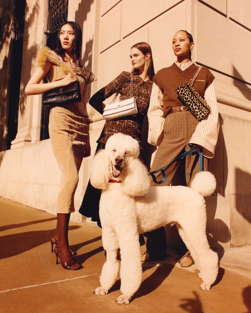 three fashionably dressed individuals posing with a white poodle on a city sidewalk