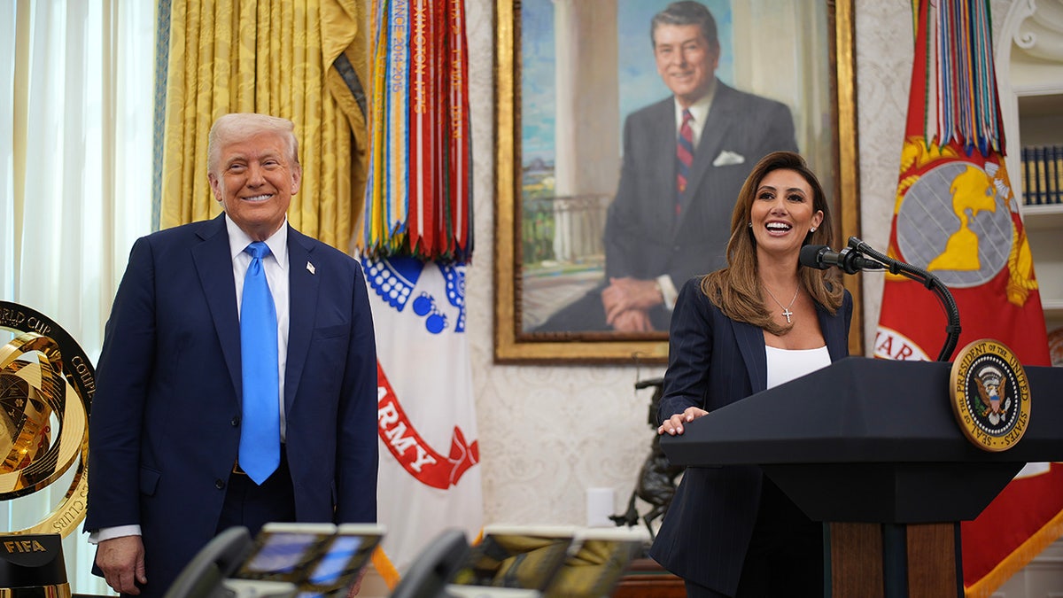 President Donald Trump listens as White House Presidential Counselor Alina Habba delivers remarks before being sworn in as the interim U.S. Attorney for New Jersey in the Oval Office at the White House on March 28, 2025 in Washington, DC.