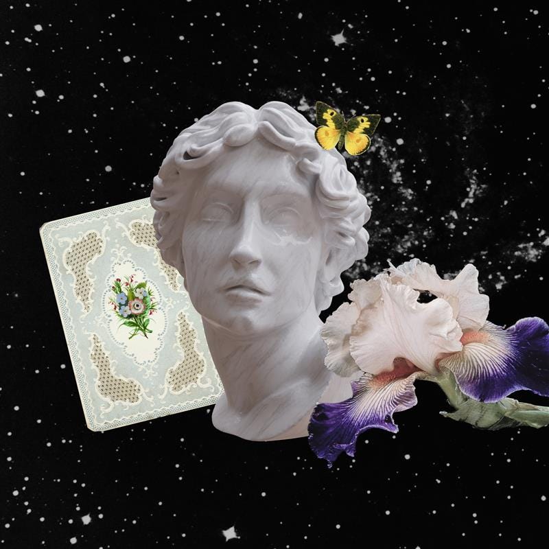 a marble bust surrounded by floral elements and decorative card against a starry background