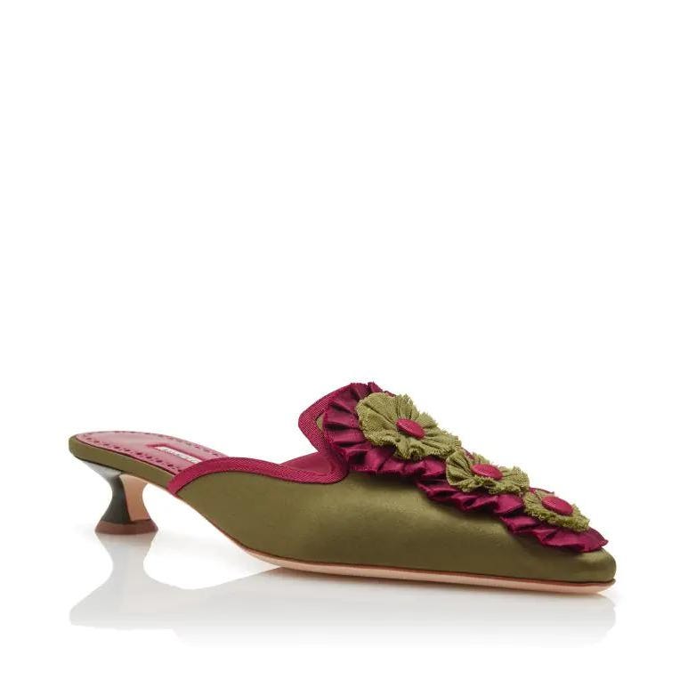 Merode Khaki Silk Rosettes Detail Mules