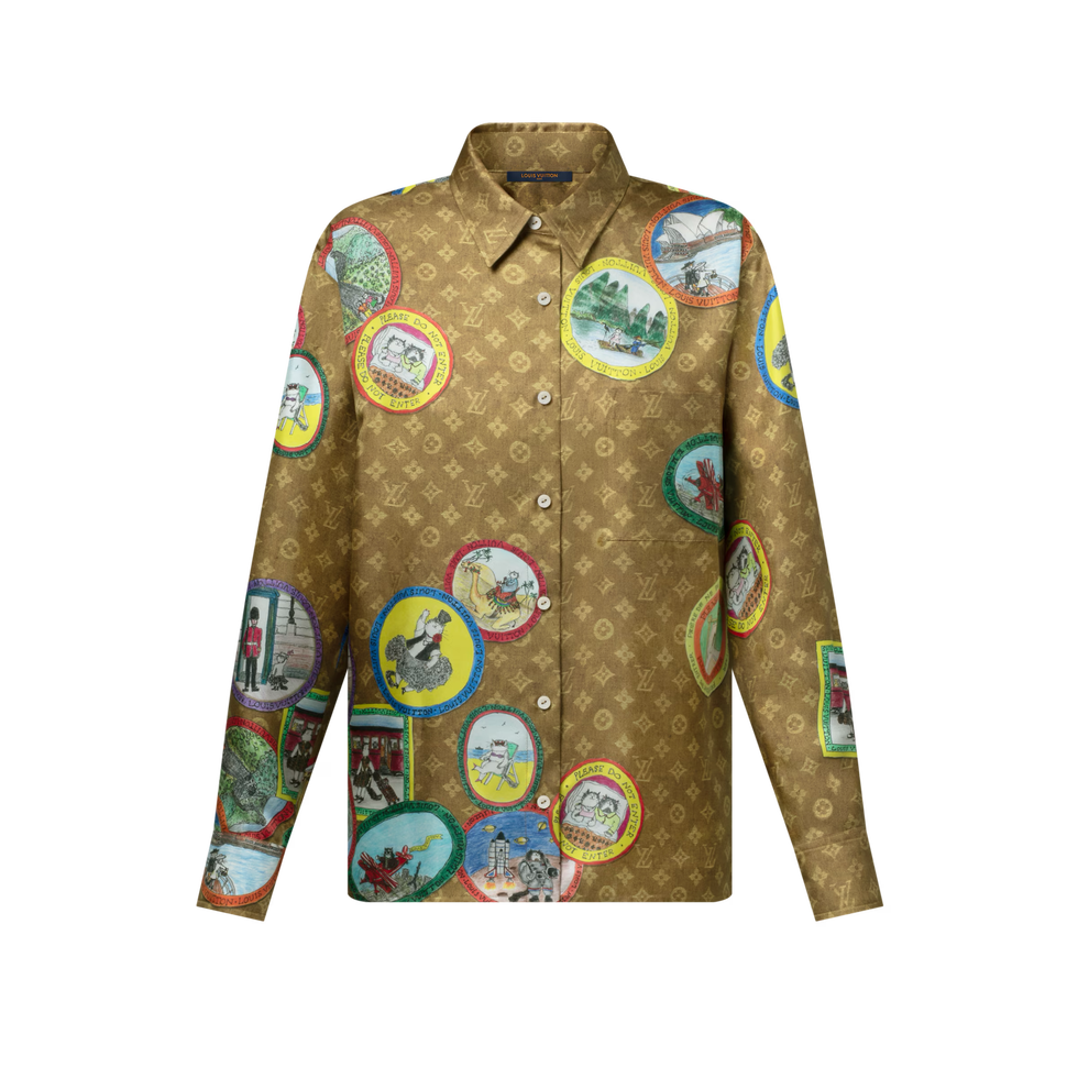 Monogram Cat Stamp Silk Shirt