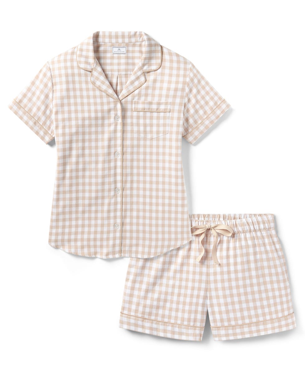 Women's Twill Short Sleeve Short Set in Camel Gingham
