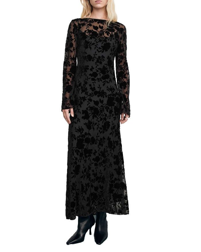 Floral Jacquard Dress with Bell Sleeves