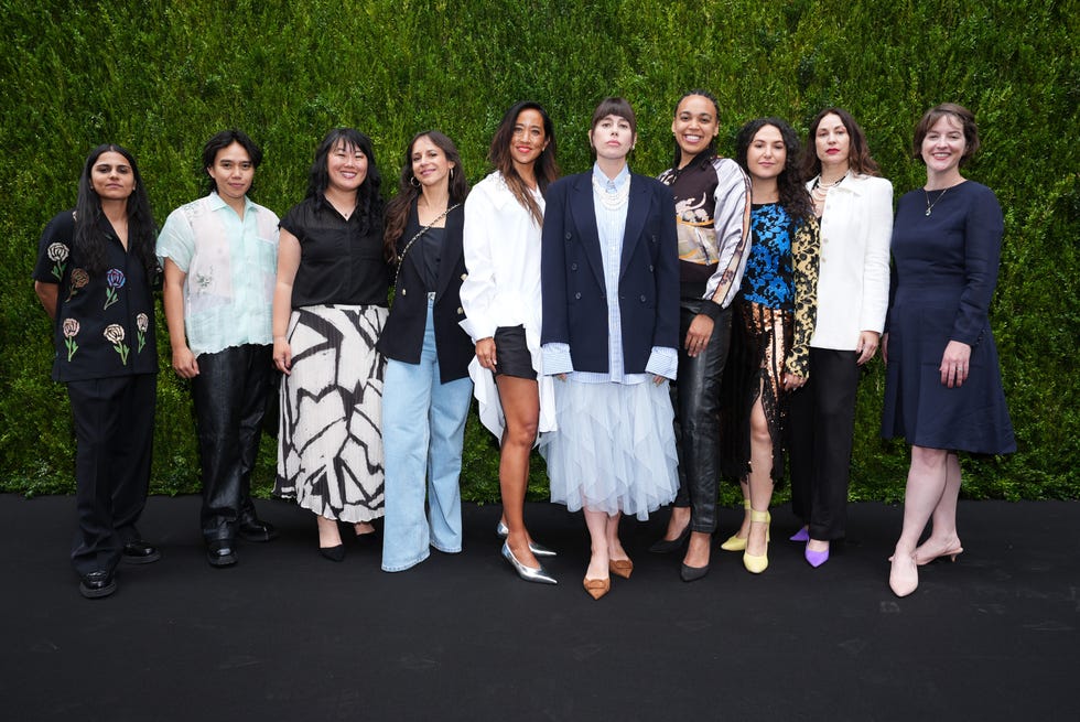 new york, new york september 16: 2025 through her lens filmmakers, (l r), karishma dev dube, mg evangelista, laura fries, gabriela garcia medina, alice gu, katie white, rachel harrison gordon, emily kron, ginger kearns and kat whalen attend through her lens: the tribeca chanel womens filmmaker program luncheon at locanda verde on september 16, 2025 in new york city. (photo by sean zanni/wireimage)