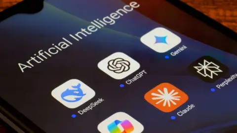 Getty Images AI apps on a phone screen, including DeepSeek, ChatGPT and Claude.
