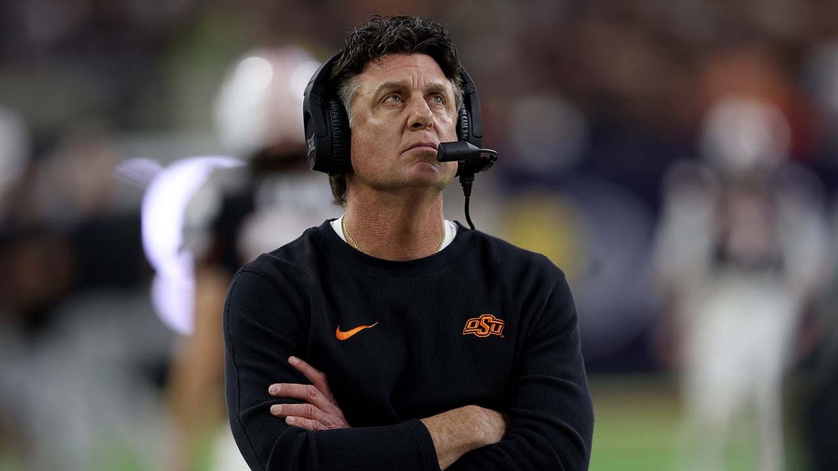 Oklahoma State Cowboys head coach Mike Gundy reacts on the sideline in the second half against the Texas A&amp;M Aggies during the TaxAct Texas Bowl at NRG Stadium on Dec. 27, 2023, in Houston.