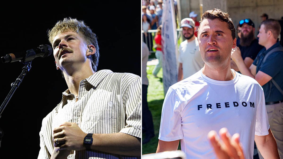 A split of Forrest Frank performing and Charlie Kirk at the Utah campus event. 