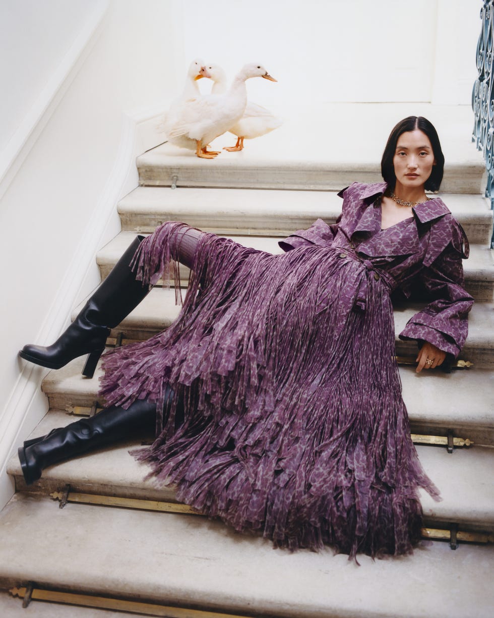 a person reclining on stairs wearing a fringed purple dress with two ducks nearby