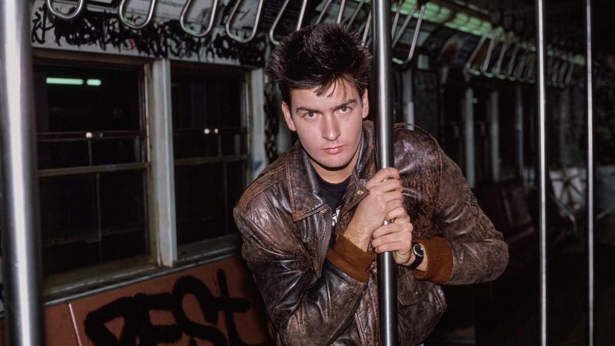 Charlie Sheen poses for a photo on a train
