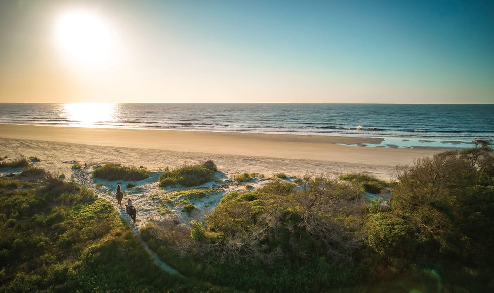 horseback riding on the beach at sunrise, sea island, georgia