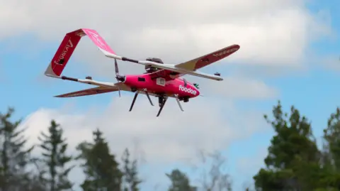 Aviant The pink Foodora drone flying against the sky with treetops in the distance.
