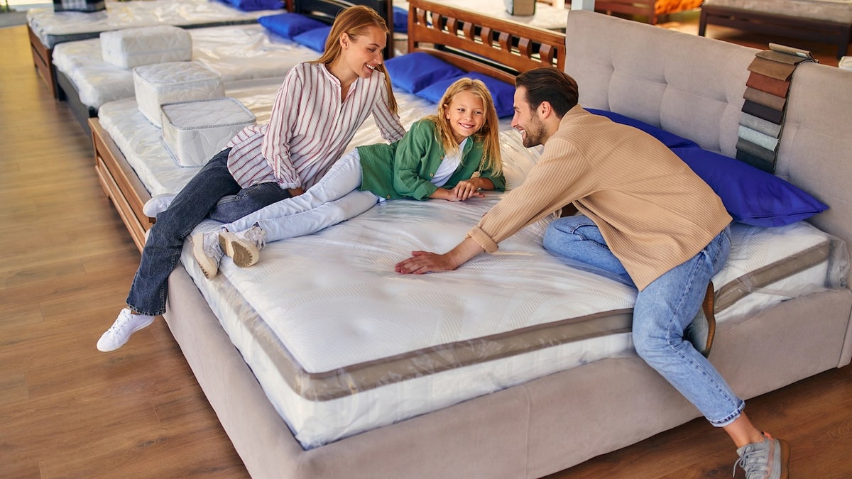 young family shopping for mattress