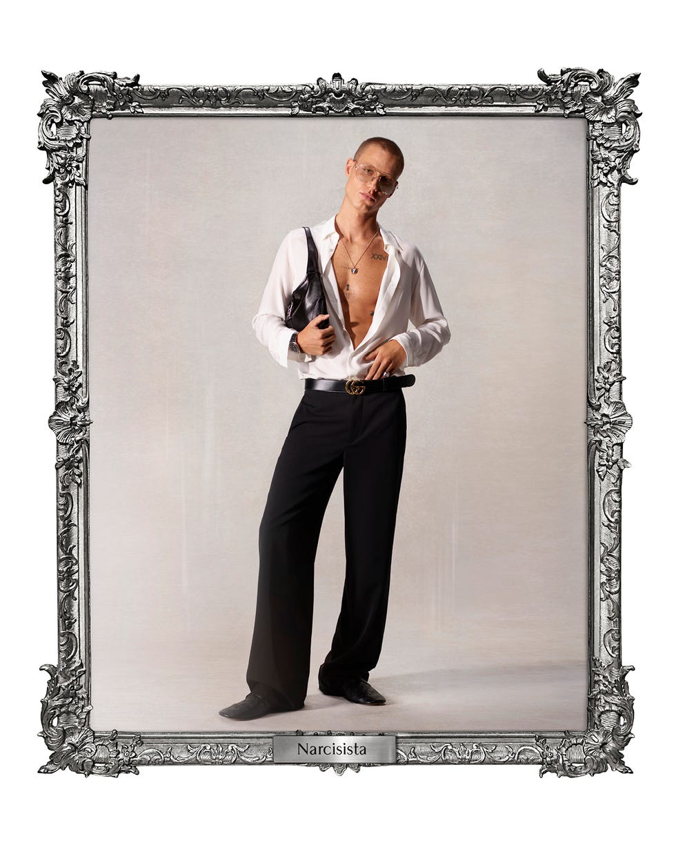 fashionable male figure posing in a stylish outfit within a decorative frame