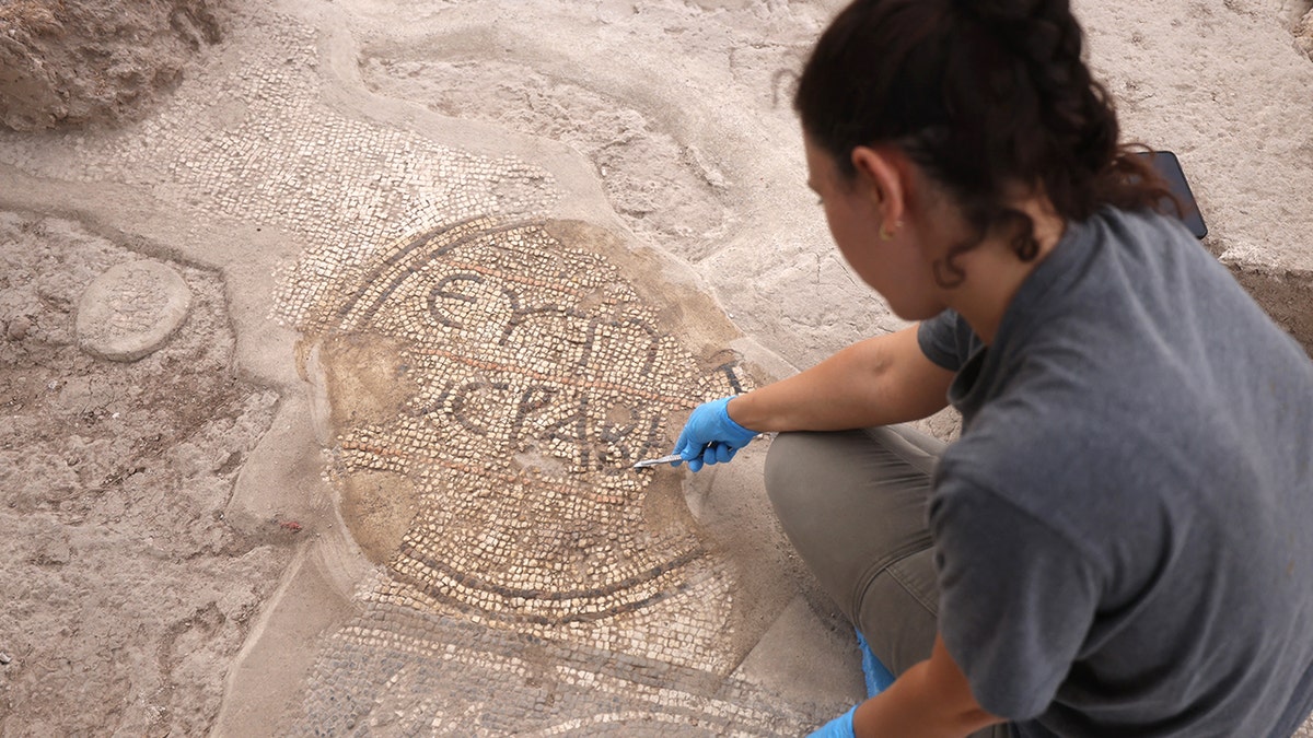 Female archaeologist working near mosaic