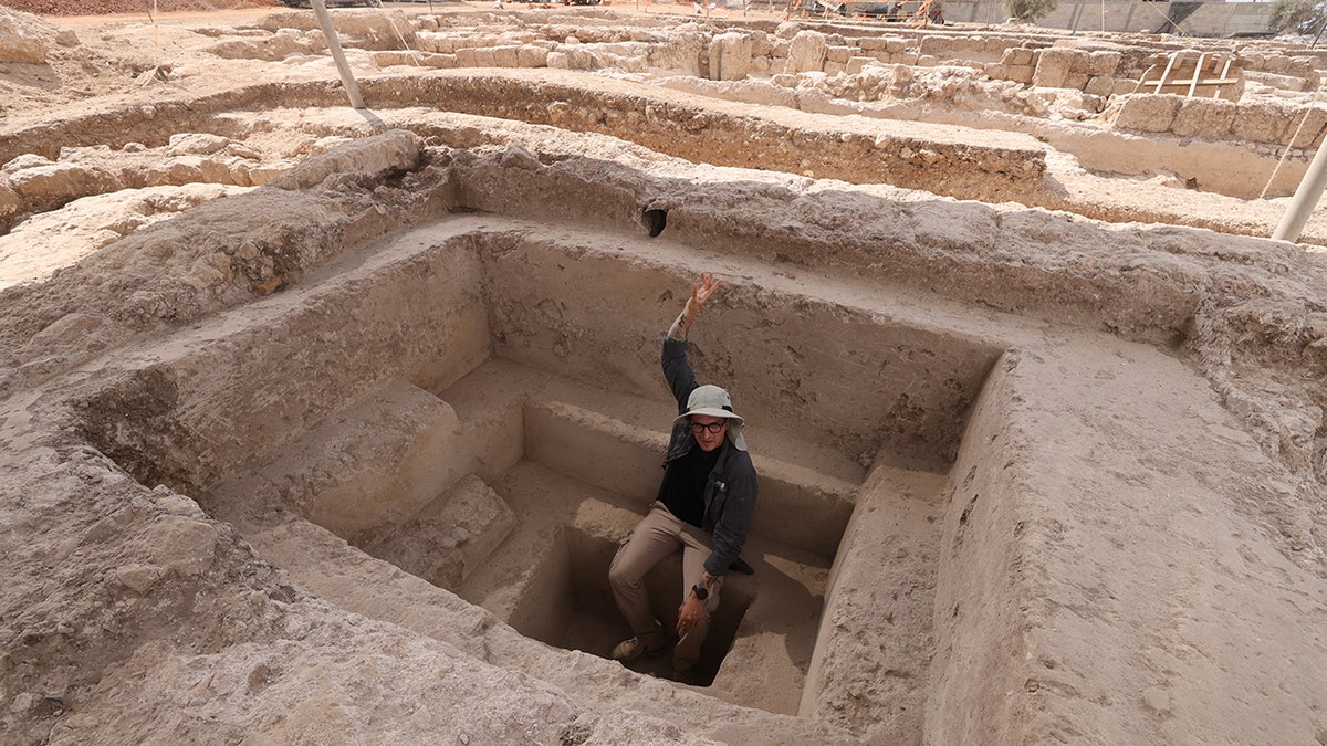 Male archaeologist standing in pit at site