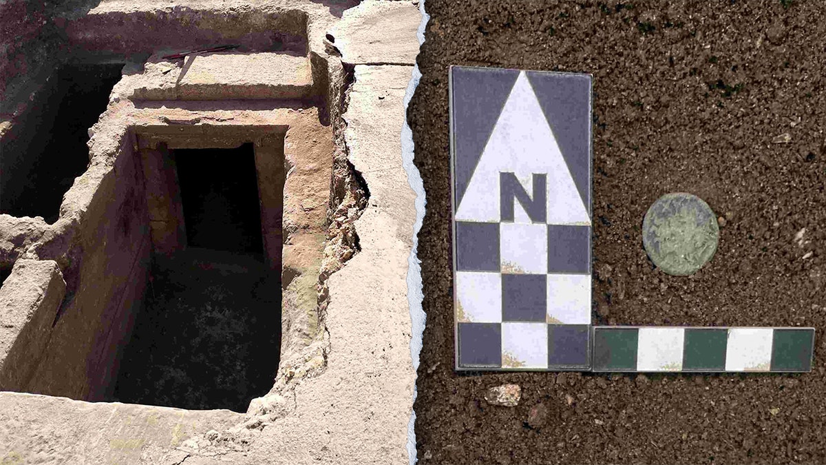Split image of tomb, coin