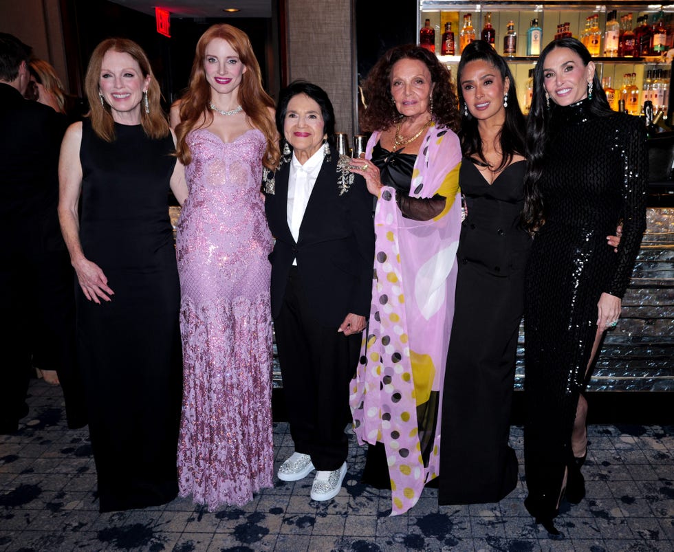 new york, new york september 11: (l r) julianne moore, jessica chastain, dolores huerta, diane von furstenberg, salma hayek pinault and demi moore attend the kering foundations fourth annual caring for women dinner at the pool on september 11, 2025 in new york city. (photo by craig barritt/getty images for kering)