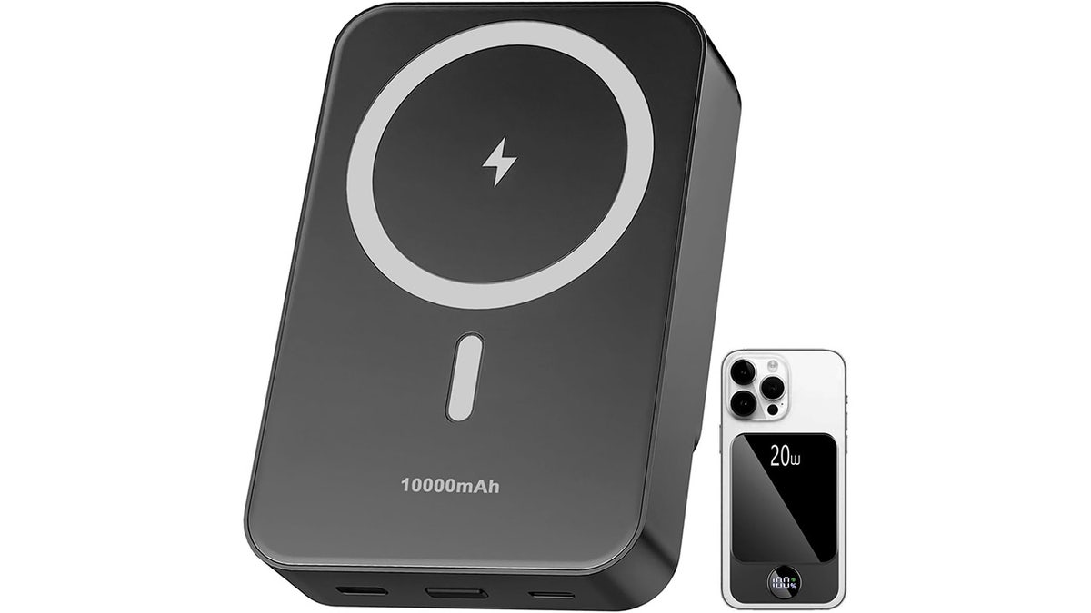 This portable charger charges phones wirelessly.