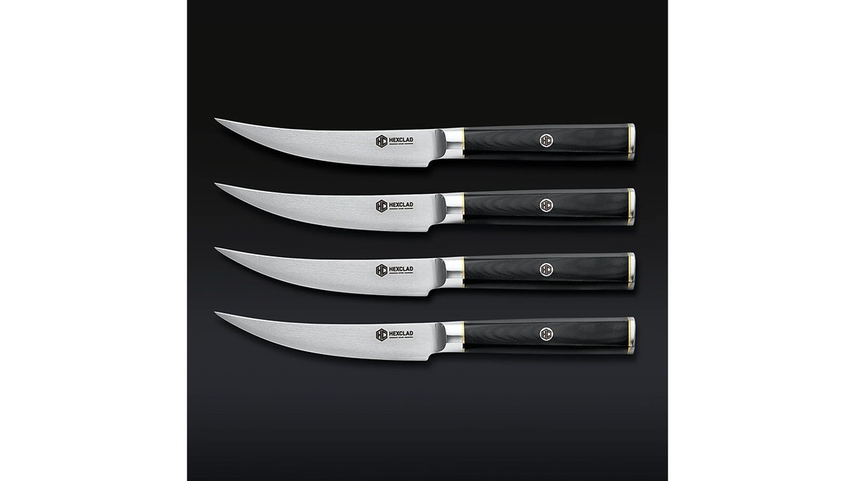 This sleek set of four HexClad steak knives feature a thin blade.