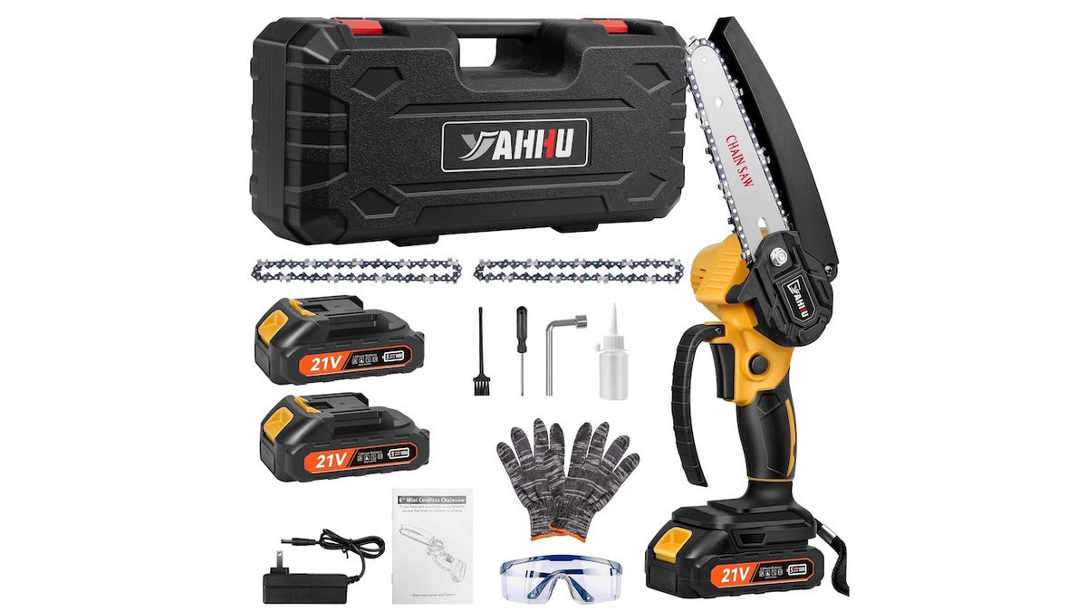 This cordless chainsaw comes with built-in safety.