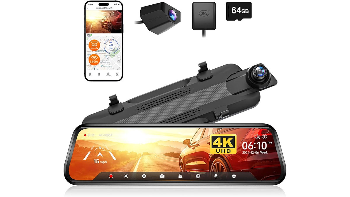 This dash cam’s dual-camera system records in crystal-clear resolution.