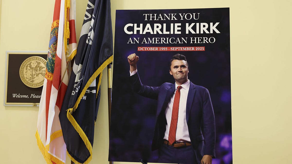 Charlie Kirk poster outside the office of Rep. Randy Fine