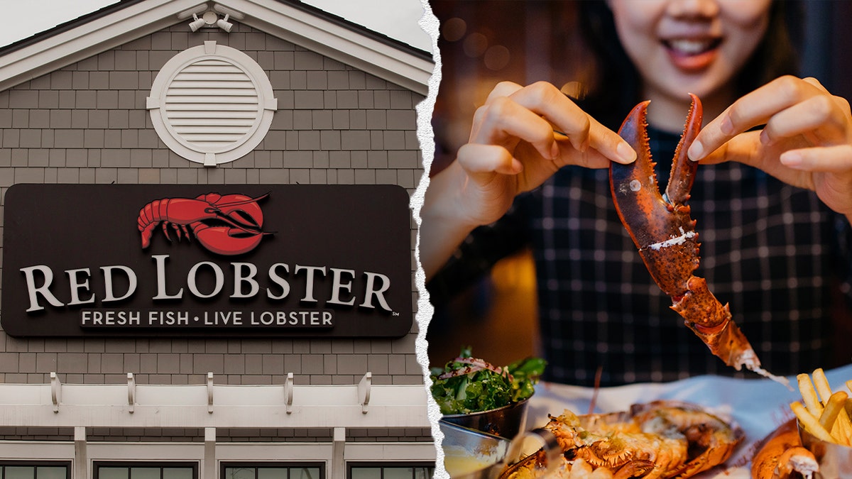Red lobster logo next to woman eating lobster