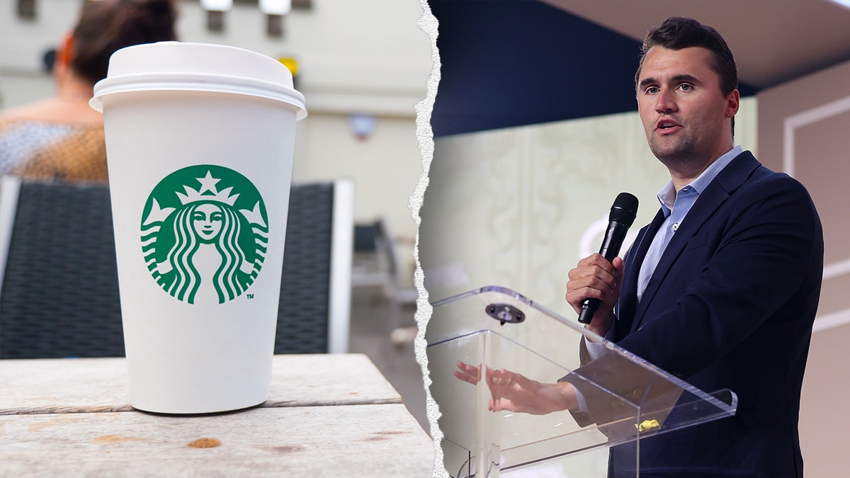 Starbucks cup next to Charlie Kirk