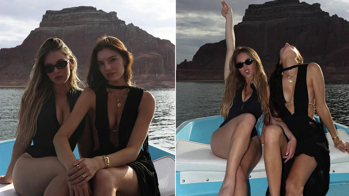 Sydney Sweeney and model pal pose in swimsuits on a boat.