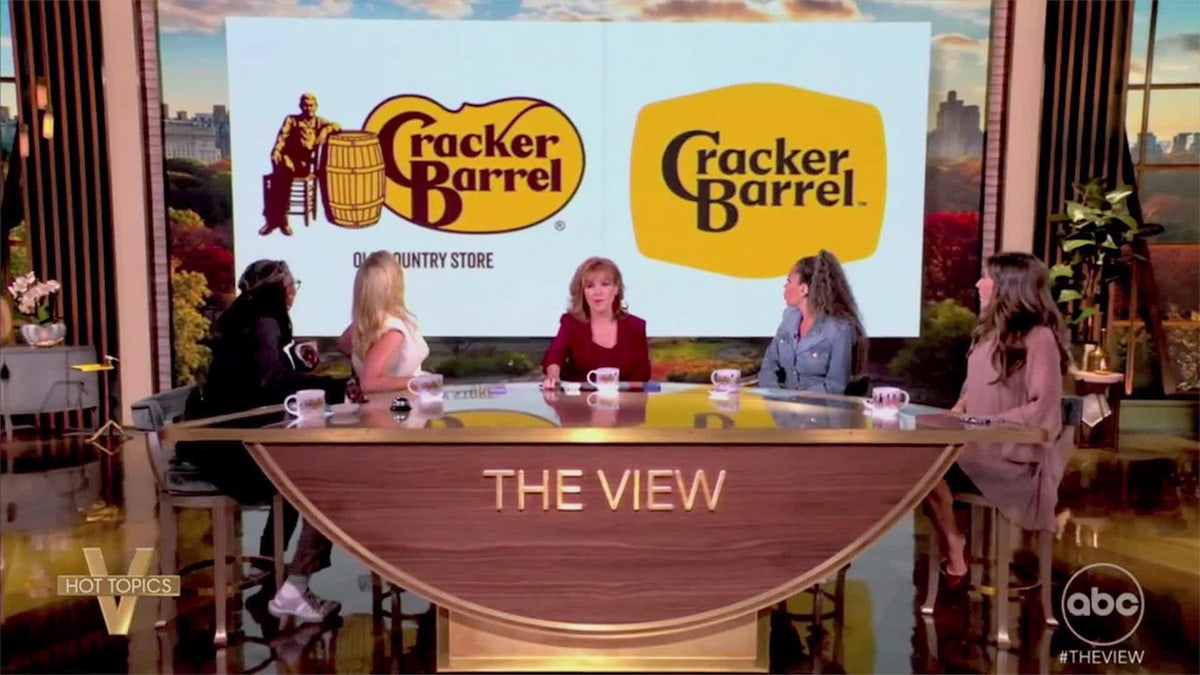 "The View" co-hosts in front of a Cracker Barrel logo.
