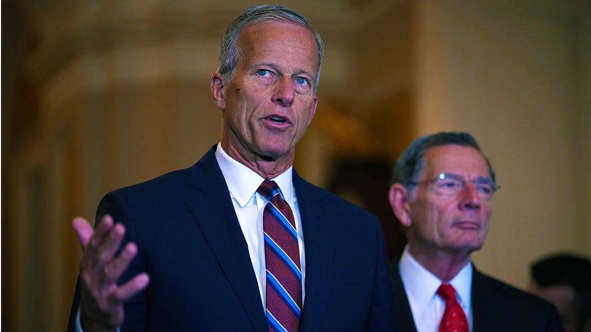 Senate Majority Leader John Thune, R-S.D., and Senate Majority Whip John Barrasso, R-Wyo.