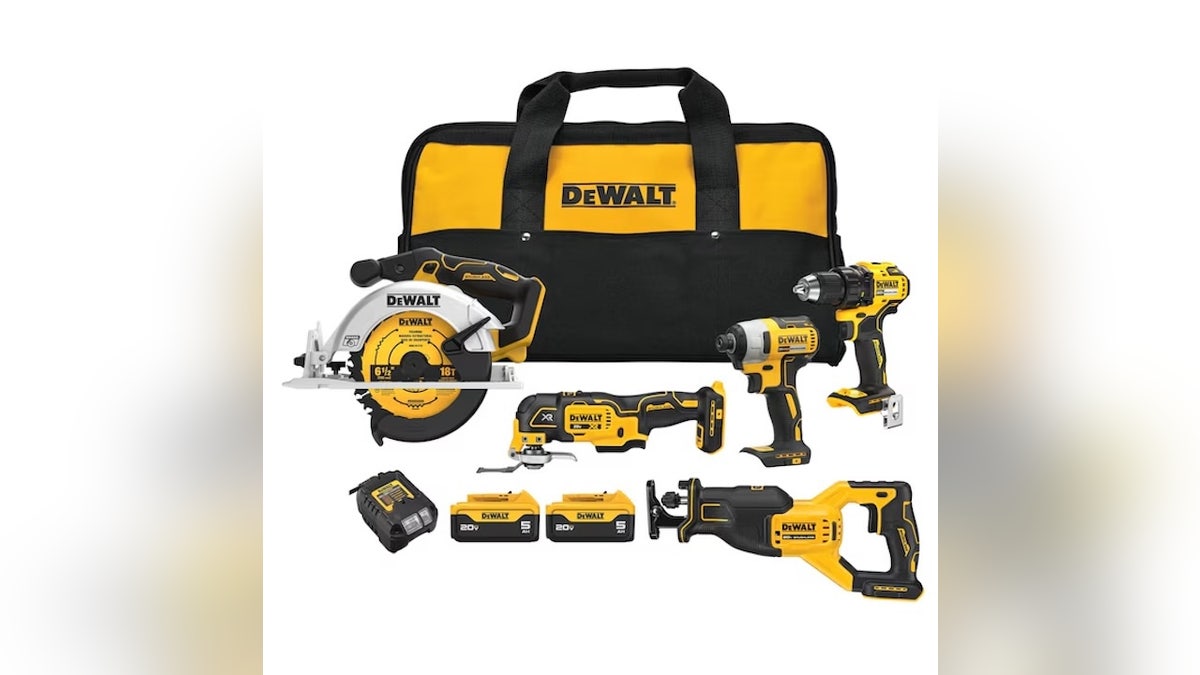 This set includes saws and drills.